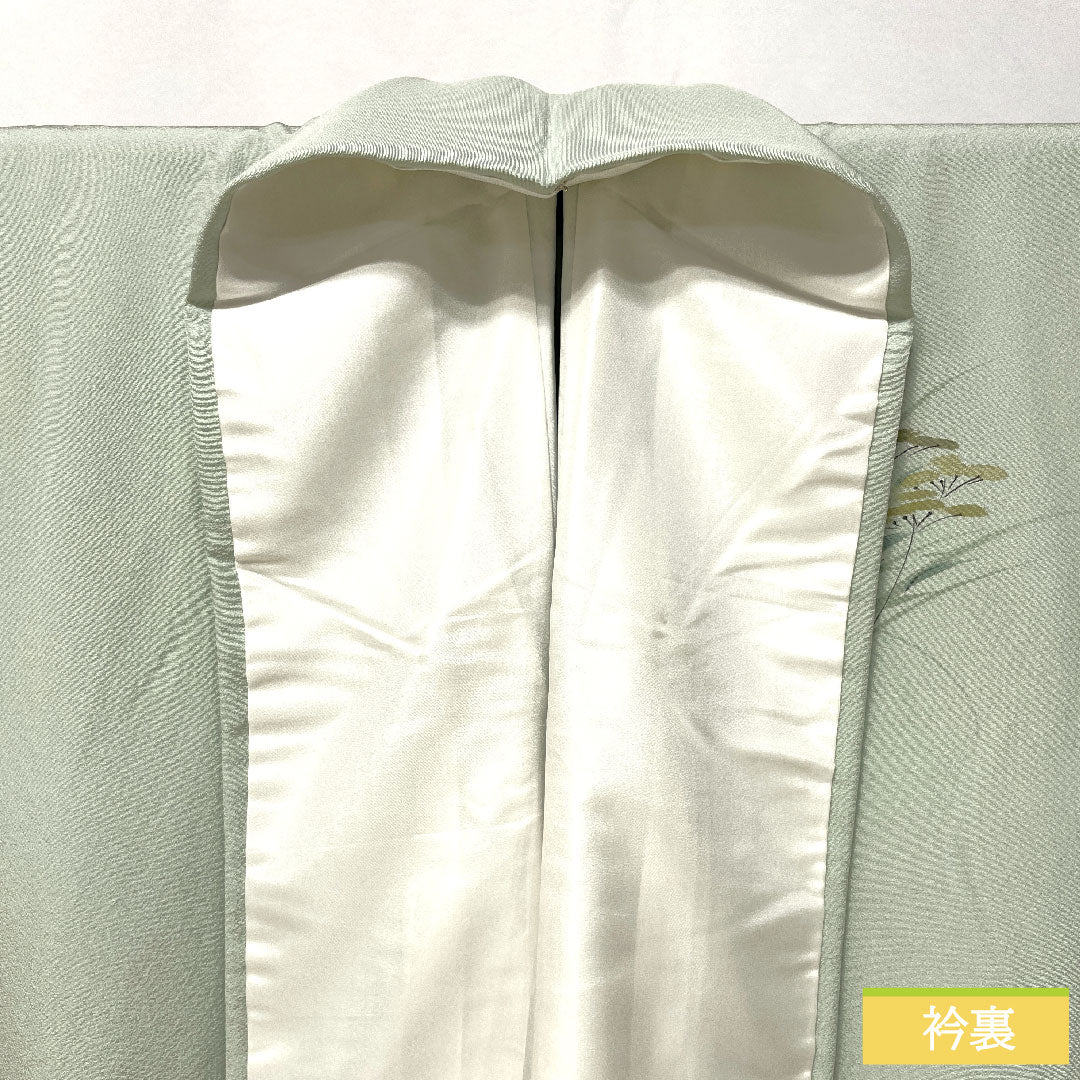 訪問着 正絹 袷 身丈155cm 裄丈65cm 白緑色（びゃくろくいろ） 草花模様 スコッチガード 付下げ Aランク 水色系 1112005453324