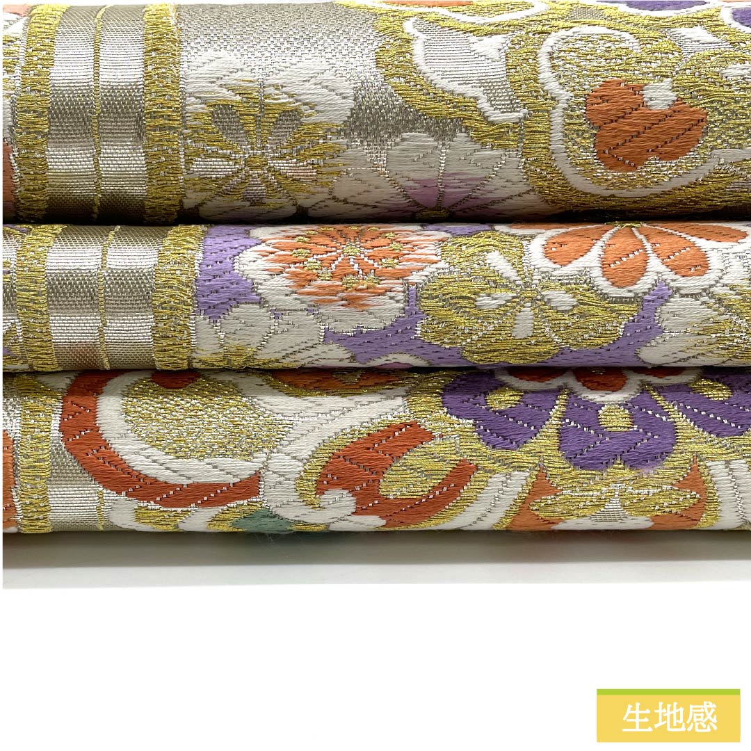 袋帯 正絹 生成り色（きなりいろ） 華文 七宝 桜 菊 帯丈444cm Aランク 六通 フォーマル 銀系 1123012103322