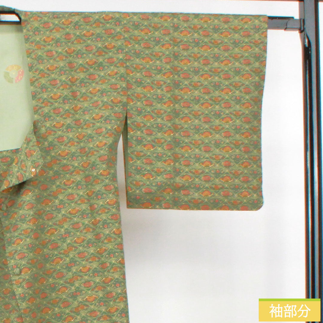 Michiyuki coat, pure silk, length 83.5cm, sleeve length 64cm, fan, flower pattern, S rank, lined, green, 1117001112919
