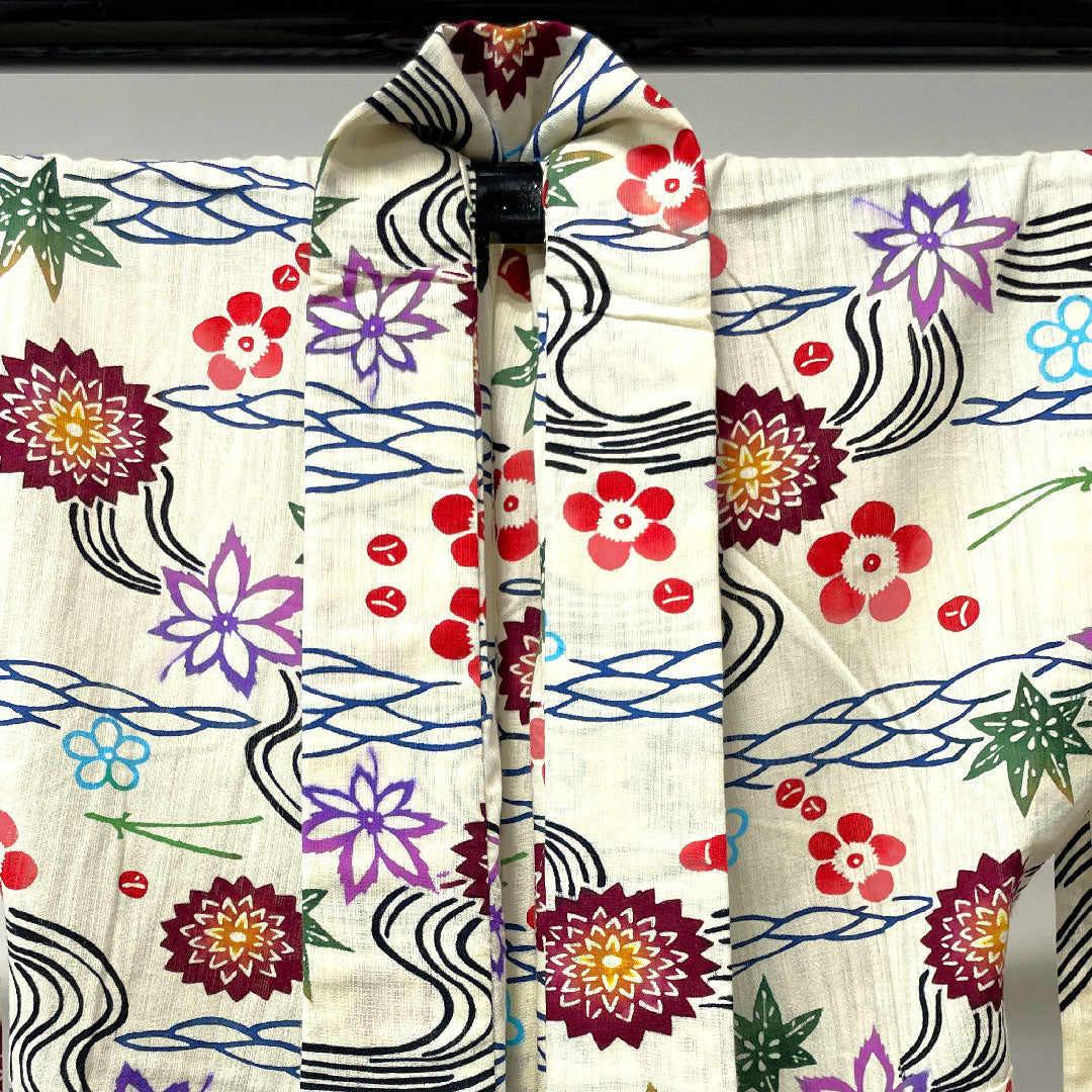 Yukata with basting thread, unused, milky white, stencil dyed, cotton linen, S rank, single layer, length 162cm, sleeve length 67cm, cream color, 1118002012415