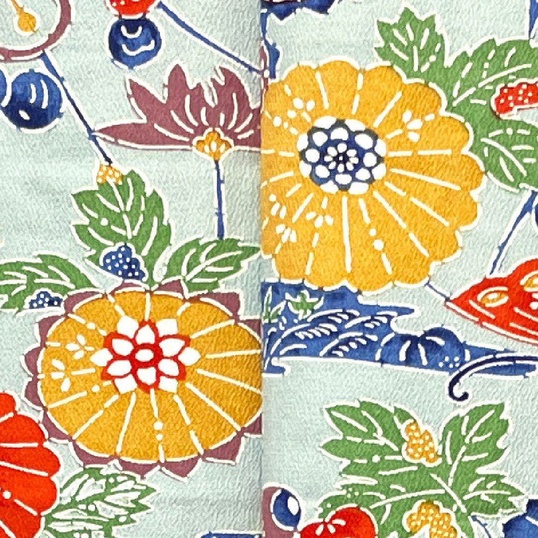 小紋 身丈160cm 裄丈64cm 袷  藍白色 京紅型 蝶 菊  正絹 Aランク 青系 1115003163417
