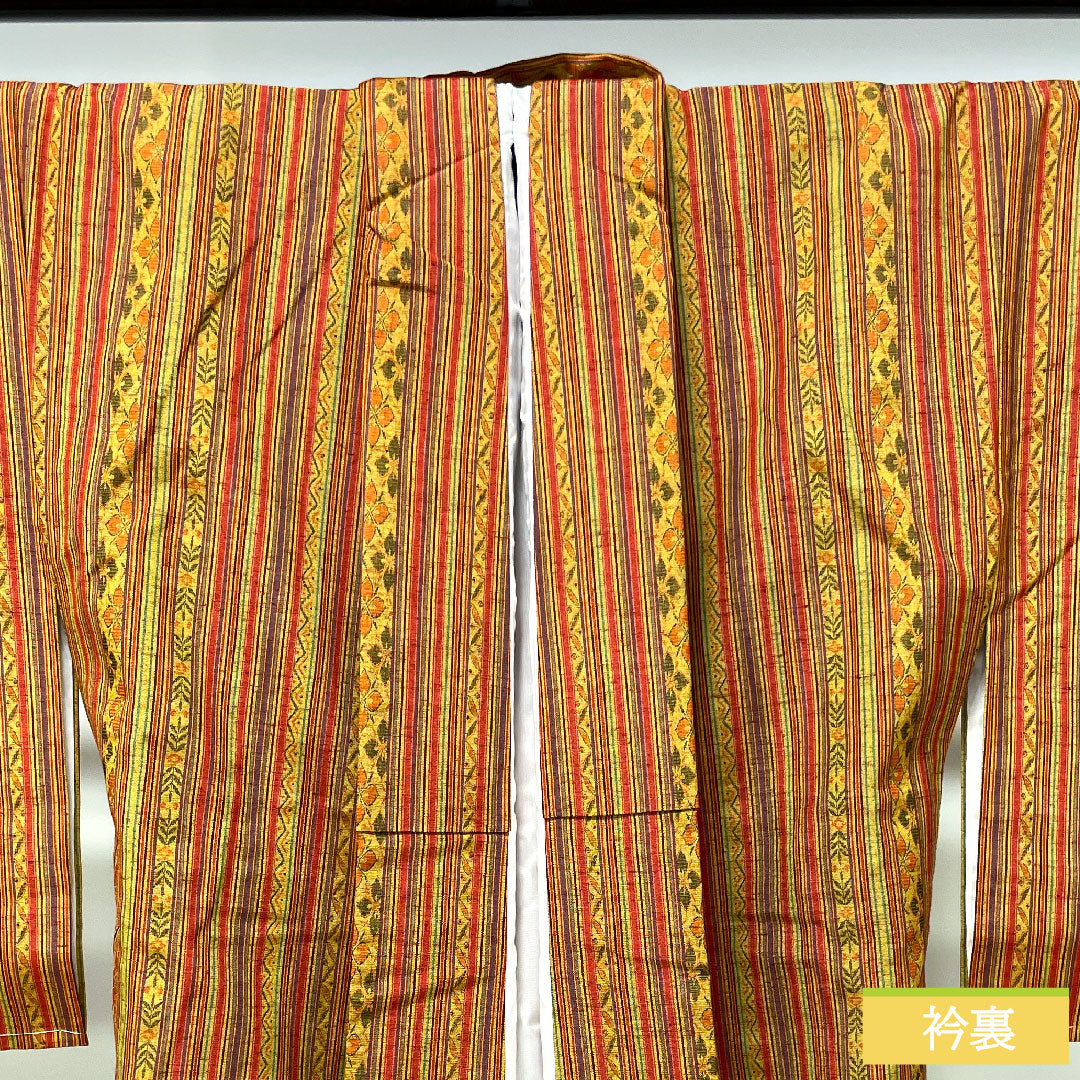 紬 正絹 身丈166cm 裄丈64cm 縞 しつけ糸付き 未使用品 Sランク 袷 黄系 1116003432523