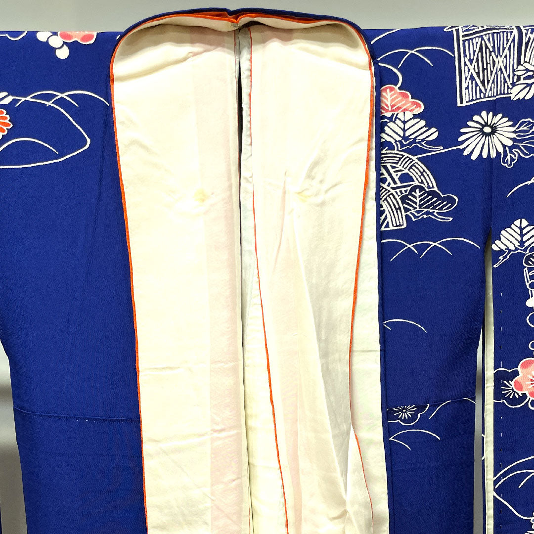 振袖 身丈161.5cm 裄丈64cm 袷  紺桔梗色 京紅型 松竹梅 菊 葵  正絹 Aランク 紺系 1113001593418