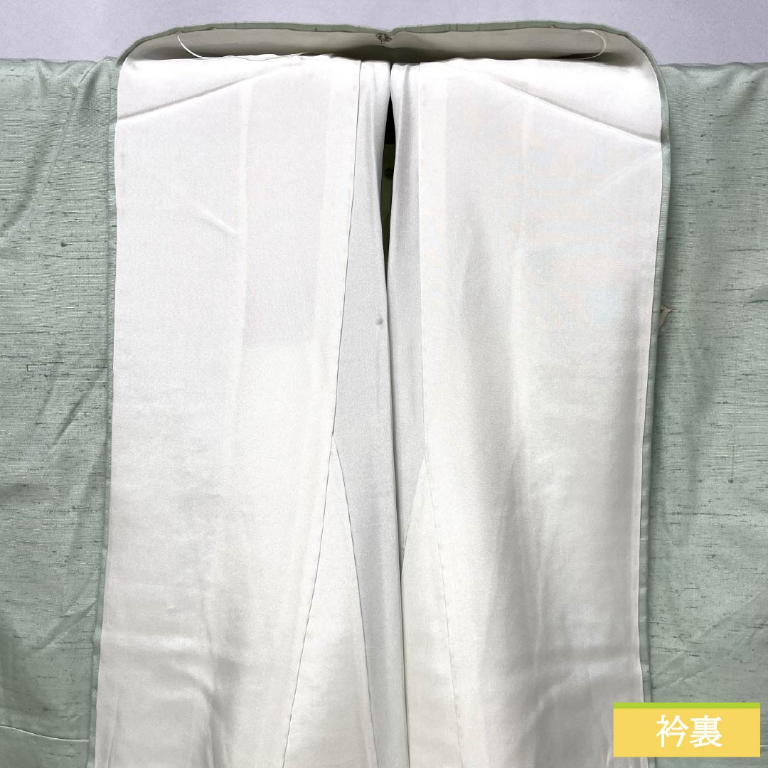 訪問着 正絹 Aランク 袷 身丈155cm 裄丈61cm 薄緑色（うすみどりいろ） 牛首紬 一つ紋 中陰蔦 草花 緑系 1112007533319