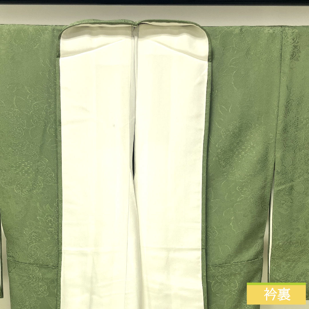 Plain color, pure silk, length 166.5cm, sleeve length 66cm, Bushukan color, silk, circle with paulownia branch, basting thread included, lined, S rank, green, 1114001442519