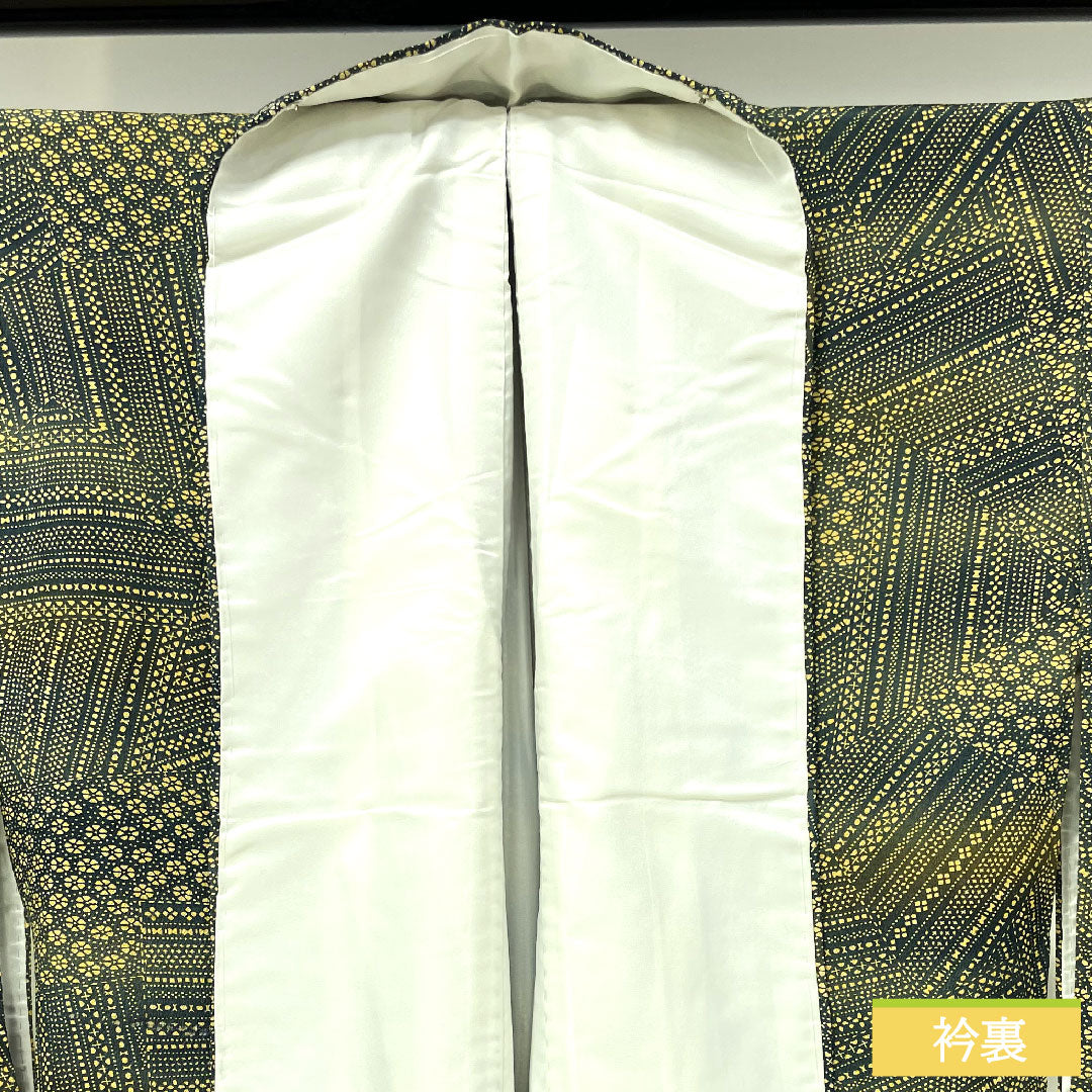 Komon, pure silk, length 148.5cm, sleeve length 61cm, lined, Oribe color, abstract pattern, split pattern, S rank, green, 1115004392119