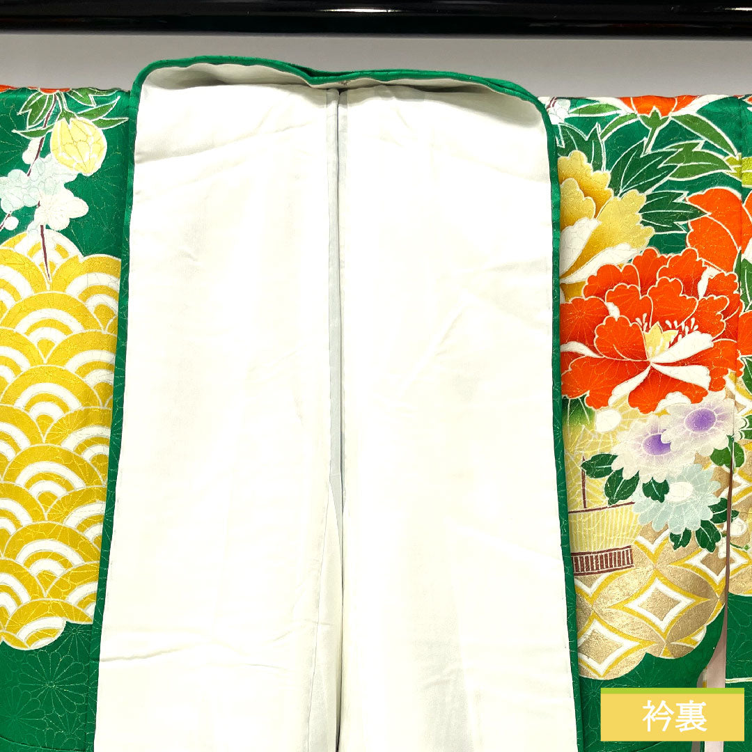 振袖 正絹 身丈161.5cm 裄丈65cm 袷  濡葉色 京友禅 吉祥文様  Aランク 緑系 1113001973419