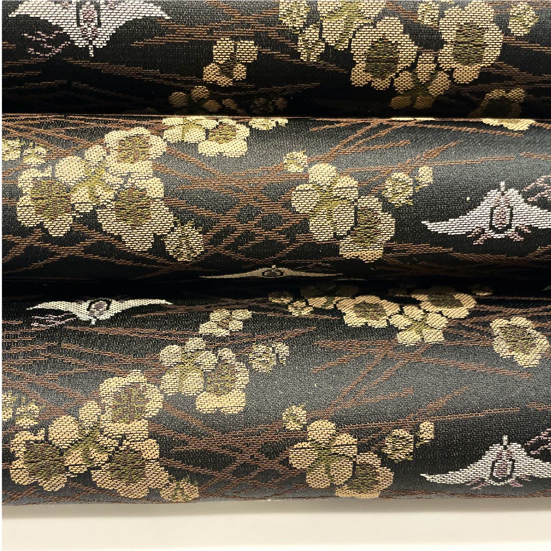 Fukuro Obi Black Pine Plum Bird Obi Length 454cm Pure Silk S Rank Full Length Casual Black 1123002852410