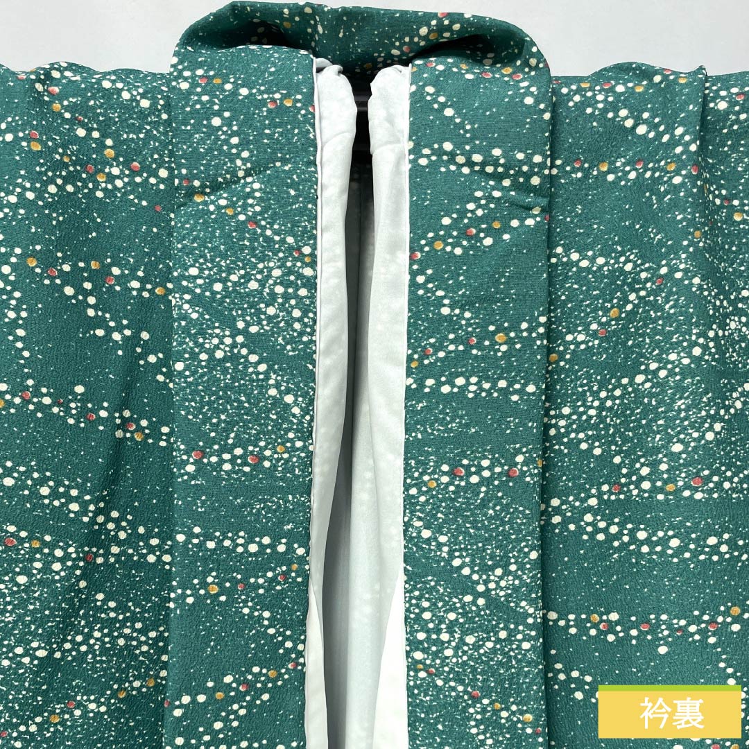 Komon (small pattern) kimono, polyester, length 156cm, sleeve length 64cm, lined, medium indigo blue (nakanoaiiro), polka dot pattern, washable, with basting thread, S rank, green, 1115006222319