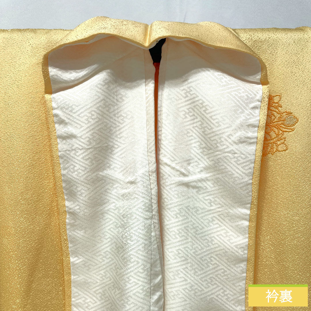 Homongi, pure silk, lined, length 159.5cm, sleeve length 61cm, light tangerine color, Sagara embroidery, floral pattern, one crest, quince, S rank, yellow, 1112005082323