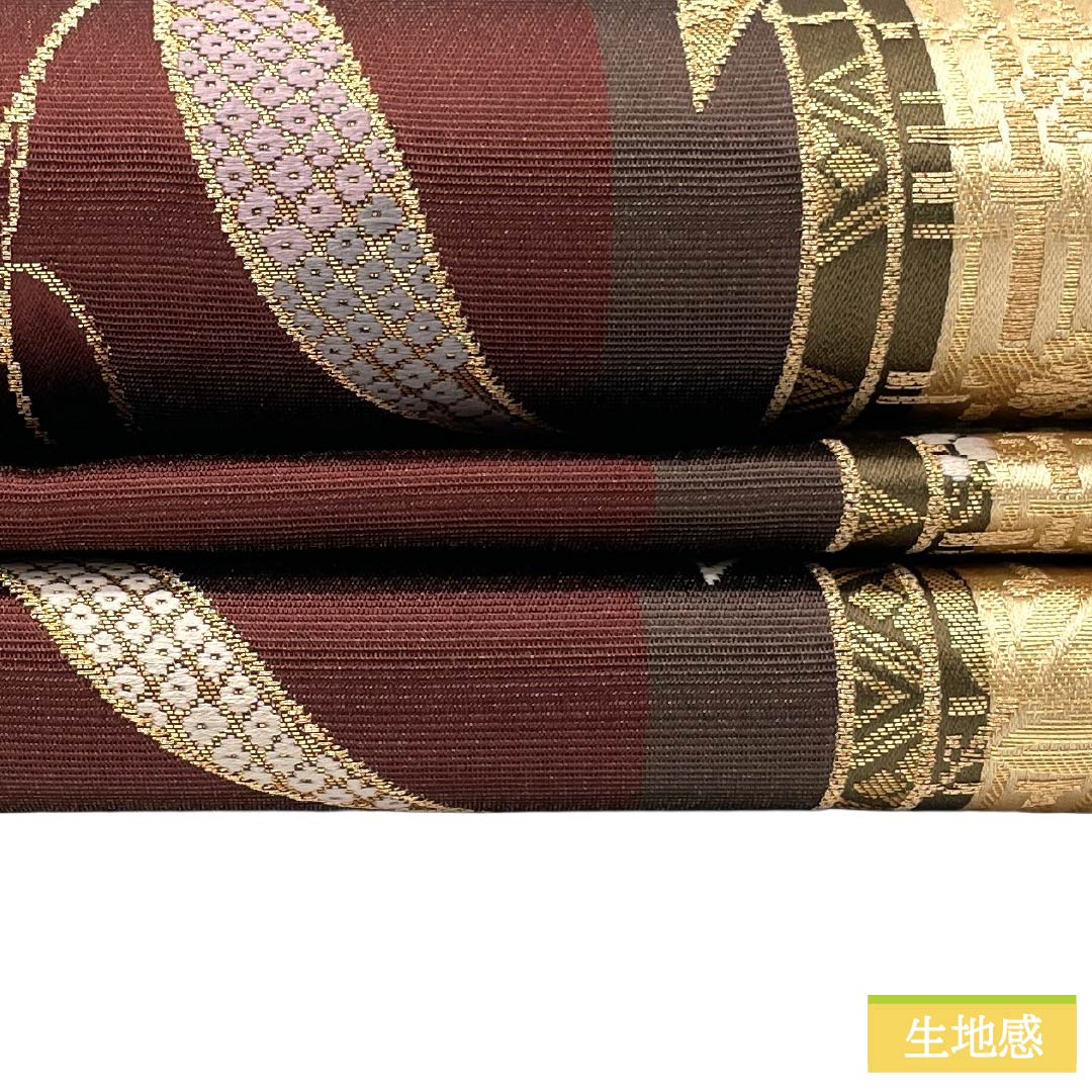 袋帯 正絹 Sランク 赤銅色（しゃくどういろ） 西陣織 縞 笹 帯丈442cm 六通 セミフォーマル 茶系 1123017622314