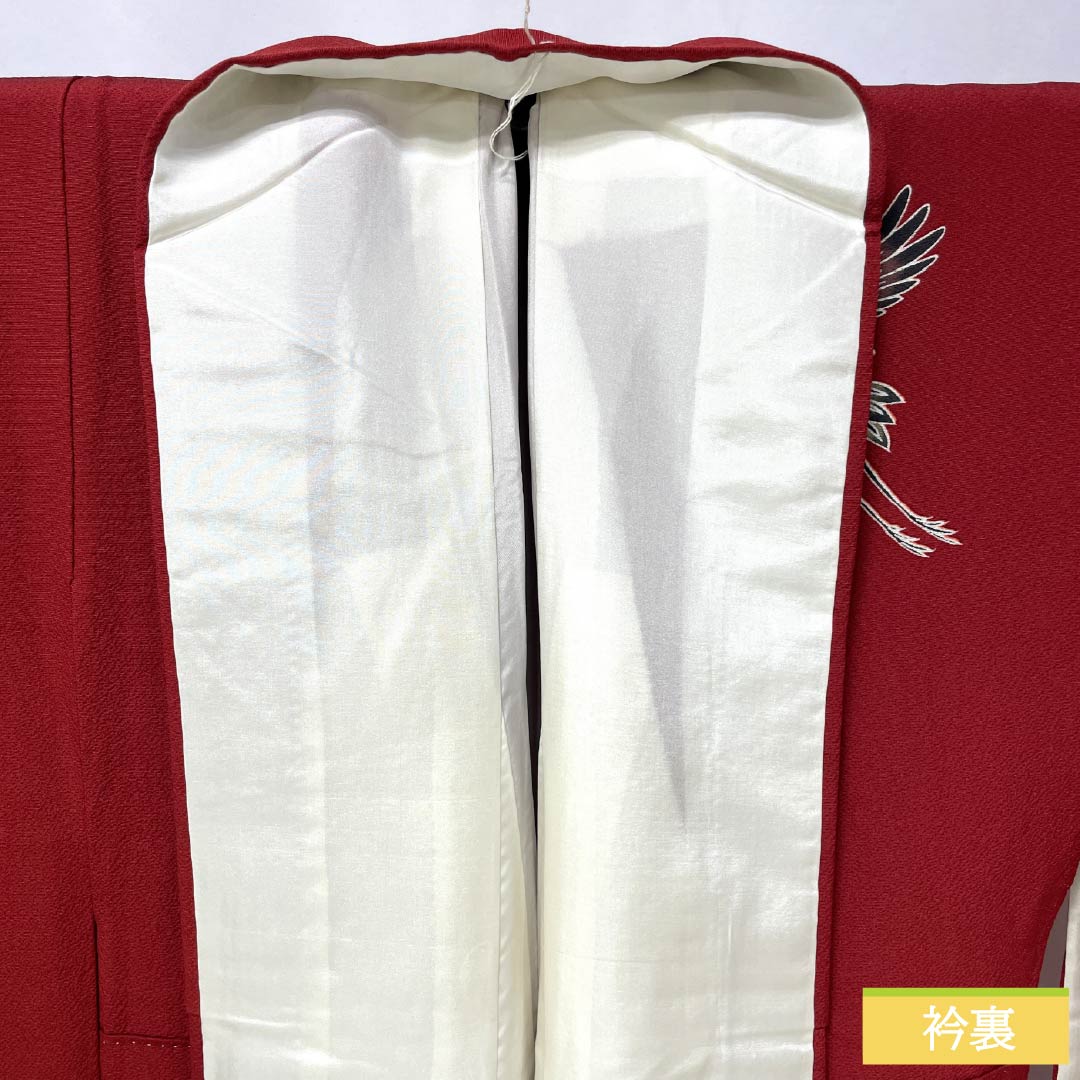 振袖 正絹 Sランク 身丈161.5cm 裄丈63.5cm 袷 生臙脂色（しょうえんじいろ） 京紅型 鶴 流水 桜 菖蒲 赤系 1113002372412