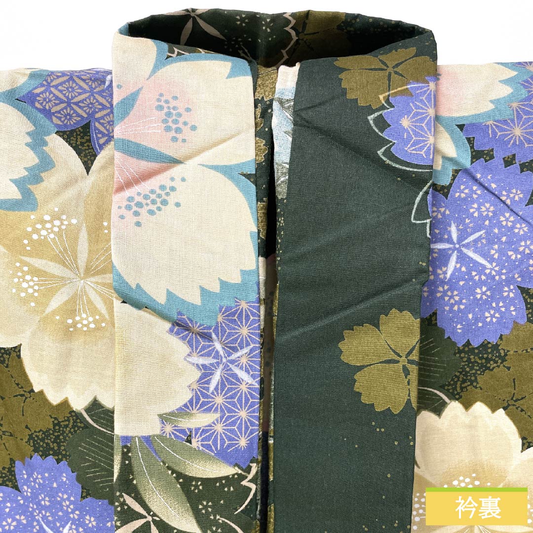 浴衣 木綿 身丈162.5cm 裄丈67cm Sランク 単衣 緑系 暗緑色（あんりょくしょく） 桜 1118006002419