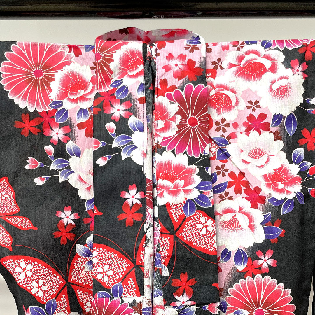 Yukata, Chrysanthemum, Cherry Blossom, Butterfly, Cotton, S Rank, Single Layer, Length 163cm, Sleeve Length 64cm, Black, 1118001522410
