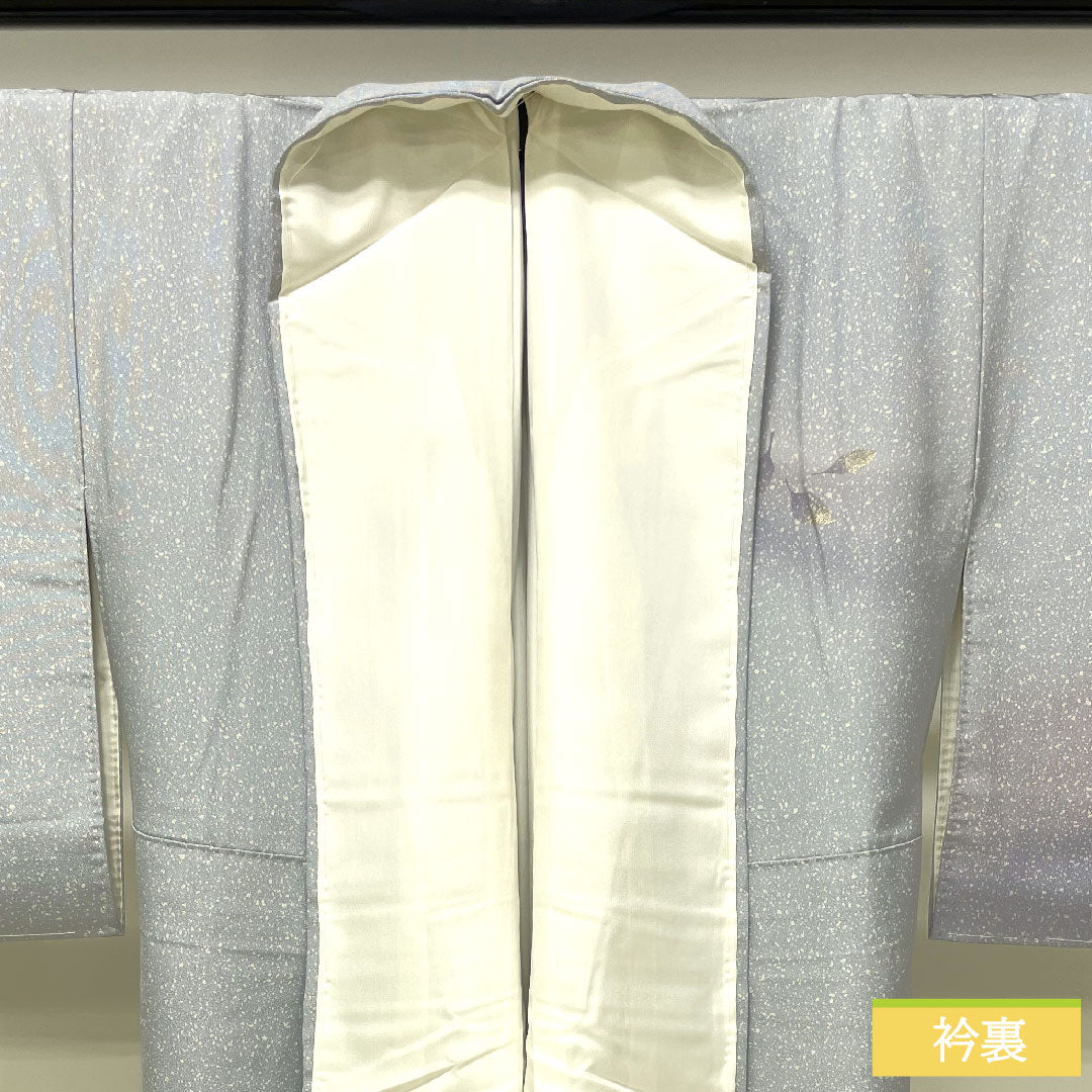 訪問着 正絹 袷 身丈156.5cm 裄丈63cm 白銅色 タタキ染 葉っぱ模様 しつけ糸付き 未使用品 Sランク グレー系 1112003612322