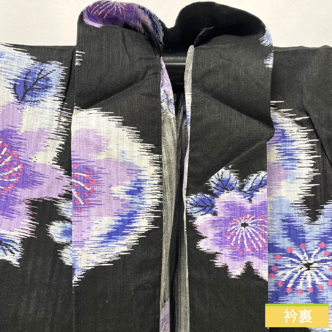 浴衣 木綿 身丈164.5cm 裄丈66.5cm Sランク 単衣 黒系 抽象花 1118005942410
