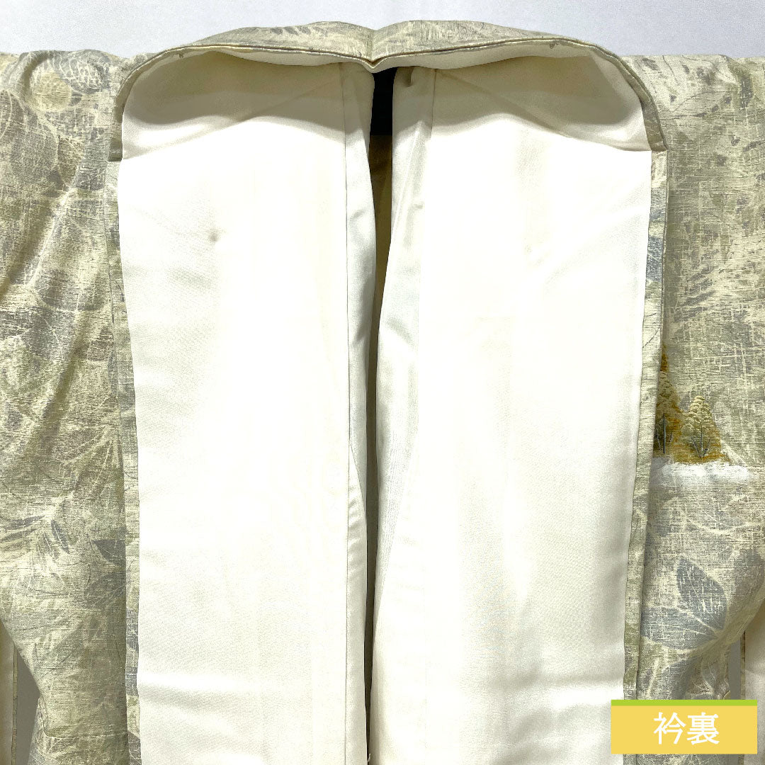訪問着 正絹 袷 身丈163cm 裄丈65cm 蒸栗色（むしぐりいろ） 紬地 風景模様 草花模様 Sランク 緑系 1112005042419