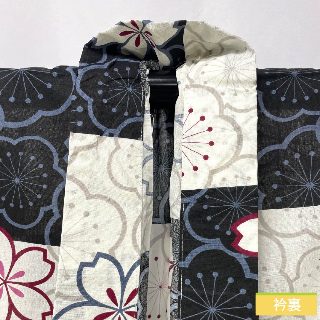 Cotton Yukata, Length 166.5cm, Sleeve Length 67cm, S Rank, Single Layer, Monochrome, Checkered Pattern, Cherry Blossom and Plum Blossom Design, 1118006012527