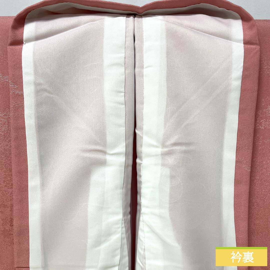 Solid-colored polyester kimono, length 157cm, sleeve length 64cm, single-layer plum-colored (hitoeumeiro) woven with silk brocade and featuring a flower cart, washable, lined, A-rank, pink, product number 1114002133313