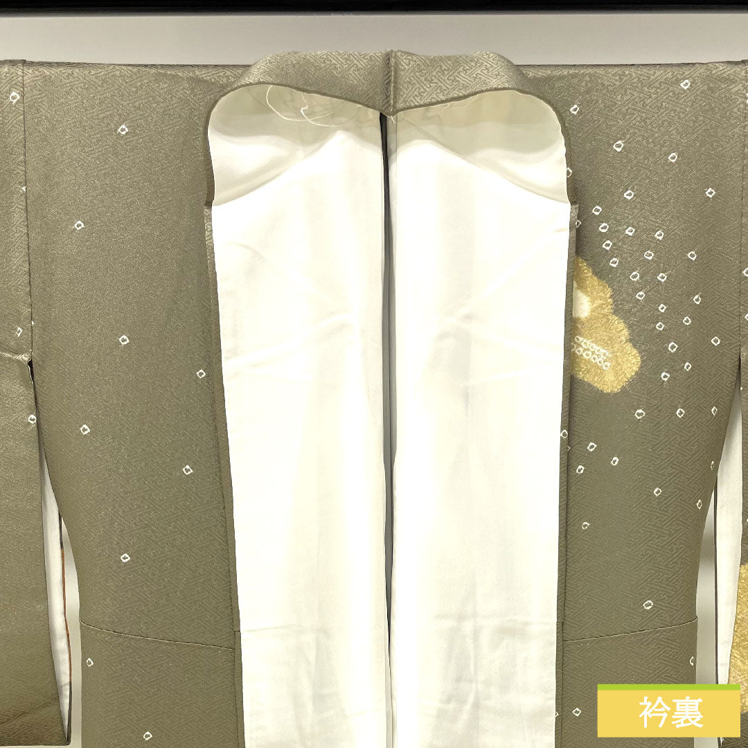 Homongi, pure silk, lined, length 162.5cm, sleeve length 66.5cm, sand color, embroidery, partial tie-dyeing, super bell guard, S rank, gray, 1112003632422