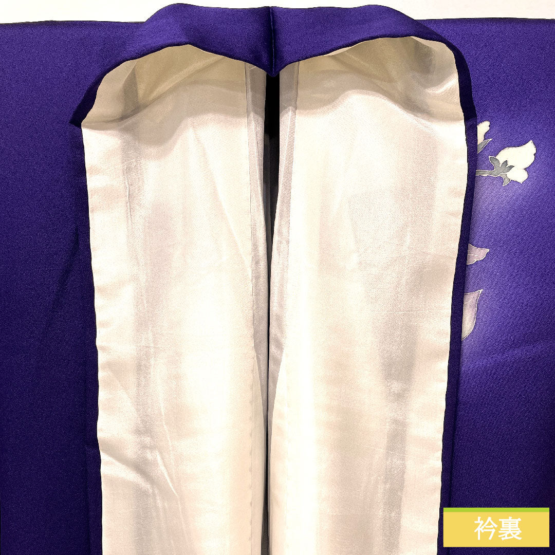 Homongi (formal kimono) made of pure silk, lined, length 160cm, sleeve length 62.5cm, violet, Kyoto Yuzen, floral pattern, A rank, purple, 1112005323420