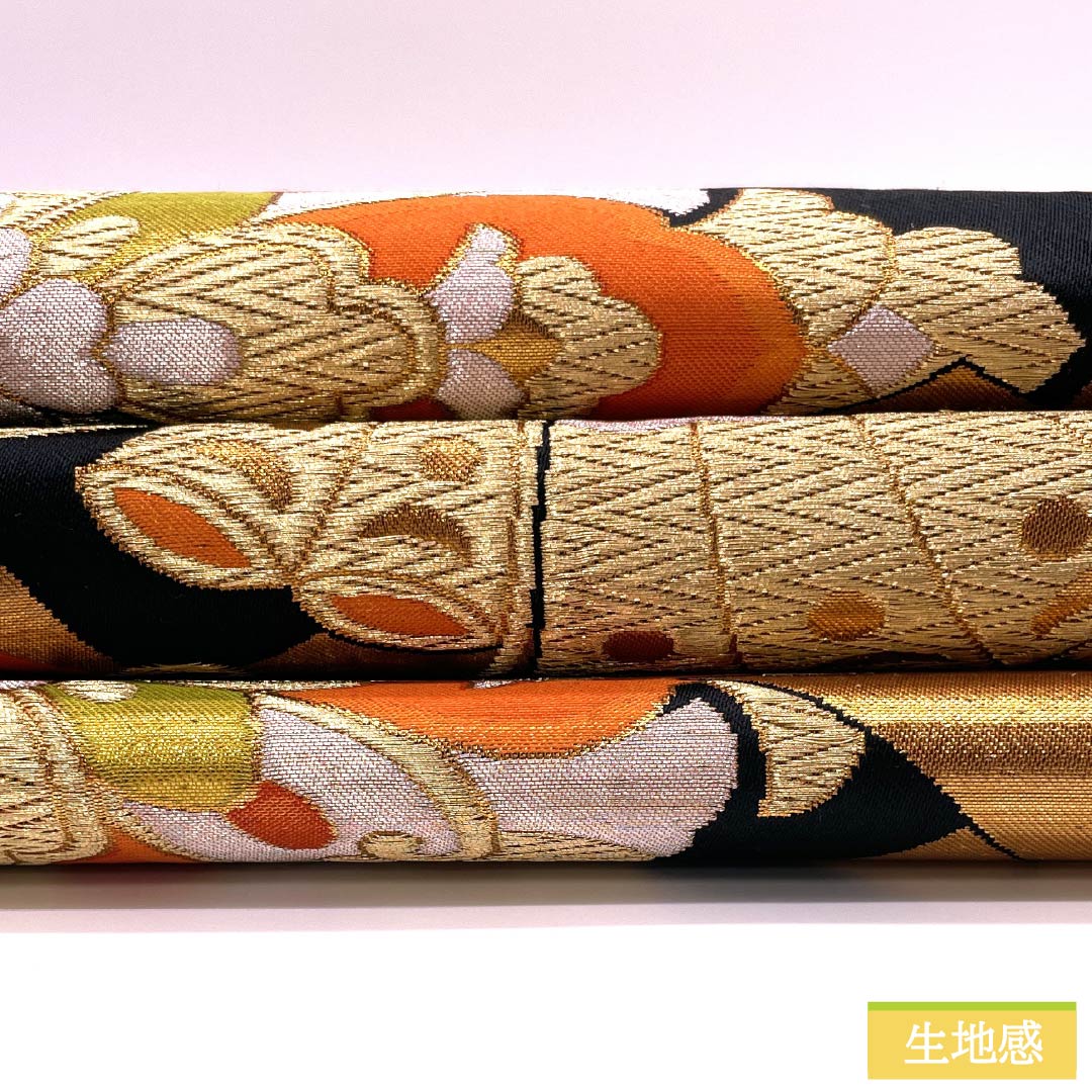 Formal, pure silk obi for furisode (long-sleeved kimono), featuring a tsumuage noshi (strap) and a Hosohana (flower) and butterfly design, length 414cm, S rank, six-fold, black, 1123014552310