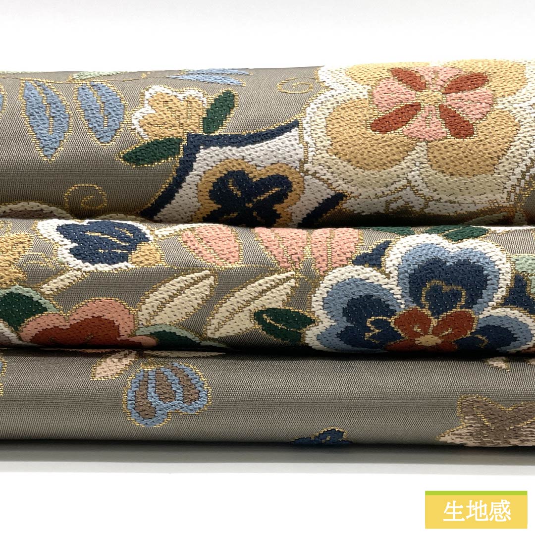 袋帯 正絹 消炭鼠色（けしずみねずみいろ） 留袖用 白綾苑大庭 華文 振袖用 帯丈442cm Sランク 六通 フォーマル グレー系 1123014162322