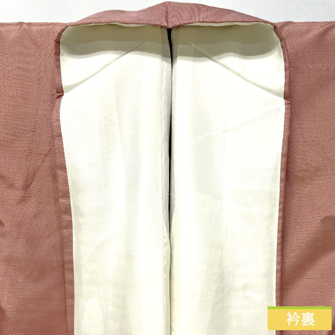 訪問着 正絹 袷 身丈162.5cm 裄丈62.5cm 帯紅色（たいこうしょく） 紬地 一つ紋 丸に角立四ツ目 付下げ Sランク 紫系 1112005572420