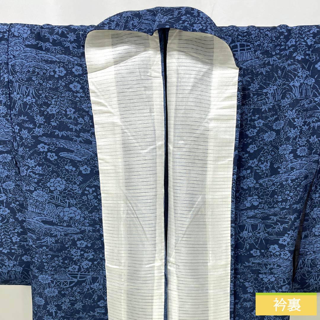 夏物 正絹 小紋 身丈162cm 裄丈68cm 濃紺色（のうこんいろ） 古典柄 型染 絽 Sランク 紺系 1132002782418