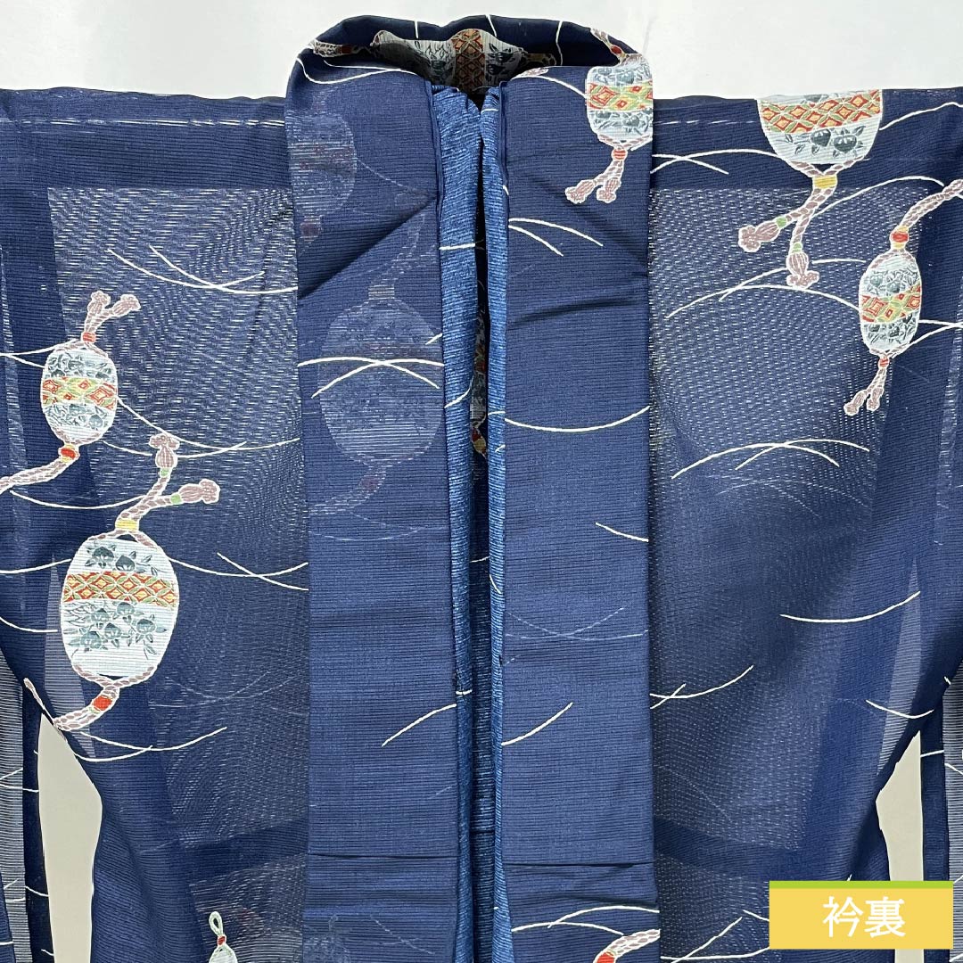 夏物 ポリエステル 小紋 身丈146cm 裄丈63cm 紺色（こんいろ） 手毬 洗える着物 絽 Sランク 紺系 1132002502118