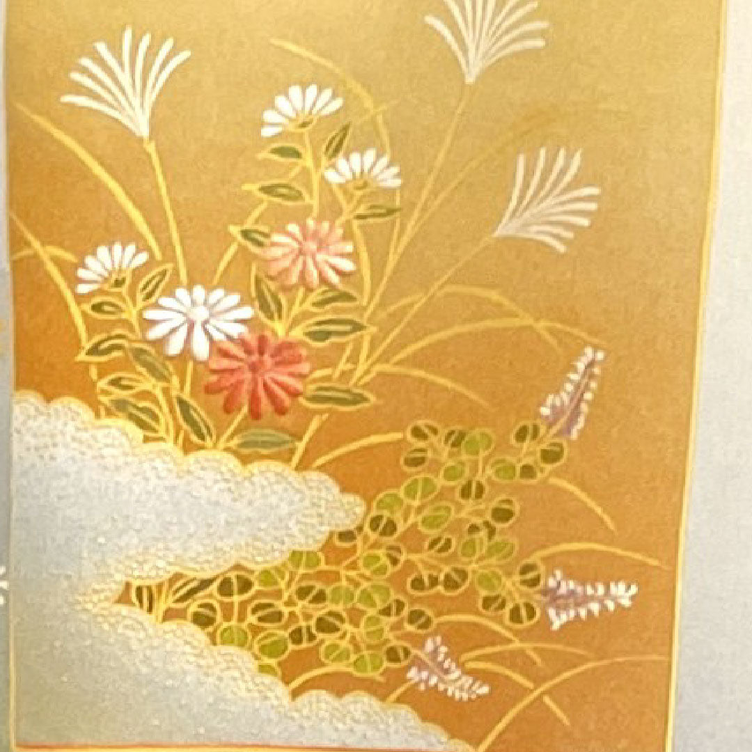 Homongi, lined, length 158cm, sleeve length 66cm, chalk color, Living National Treasure, Fukuda Kiyoshige, Shikishi pattern, embroidery, pure silk, S rank, gray, 1112002022322
