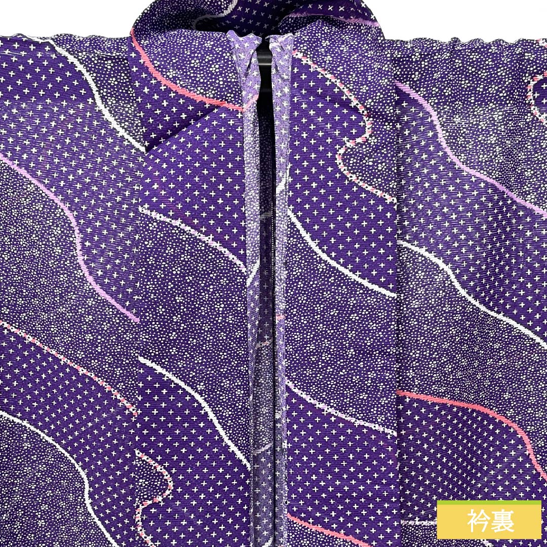 Summer kimono, polyester, Komon, Length 167.5cm, Sleeve Length 68.5cm, Purple (Murasakiiro), Small Floral Pattern, Michinaga Pattern, Washable, Ro, S Rank, Purple, Item Number 1132002522520