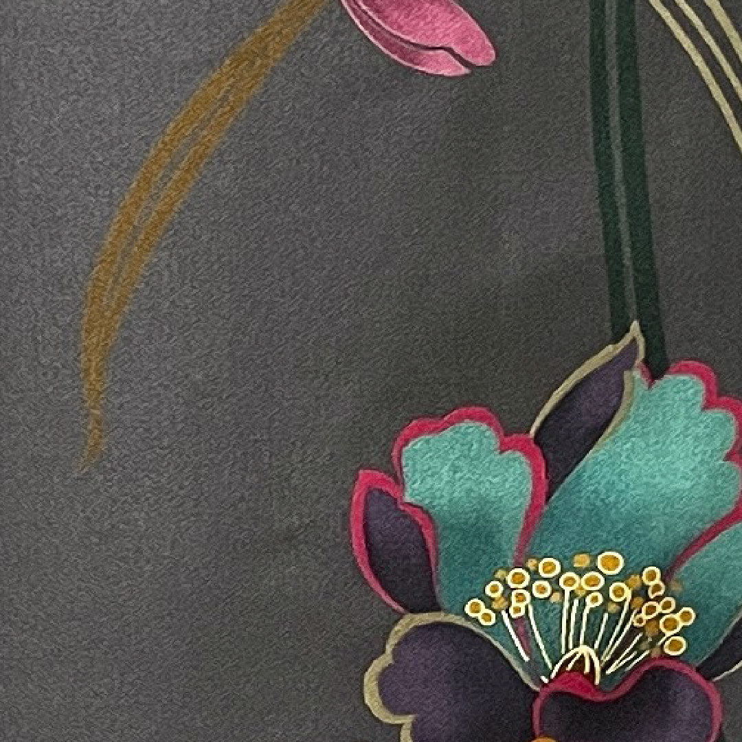 小紋 身丈158.5cm 裄丈64cm 袷  鋼色 しつけ糸付き 未使用品 手描き 京友禅 草花模様  正絹 Sランク グレー系 1115002902322