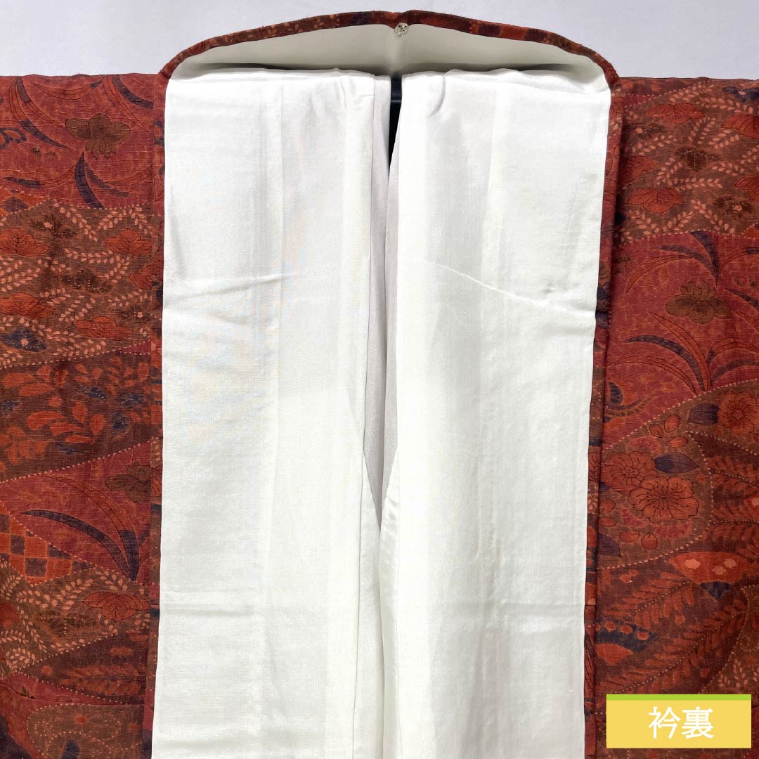 Komon, pure silk, length 161cm, sleeve length 67cm, lined, deep maple leaf color (koimomijiiro), Tsujigahana, with basting thread, S rank, vermilion, 1115005302416