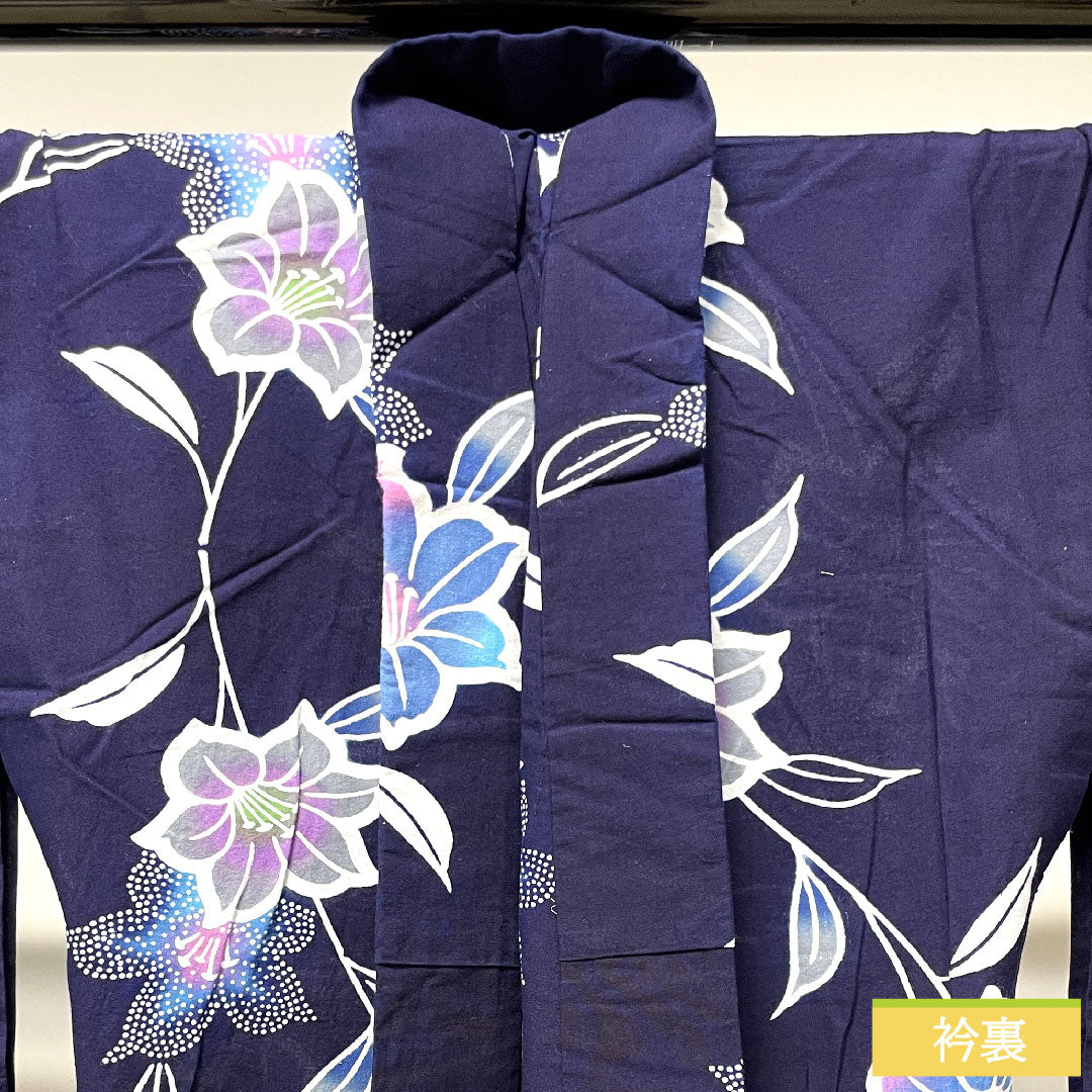 Yukata Cotton Length 153.5cm Sleeve length 67.5cm S rank Single layer Navy blue Camellia 1118004802218