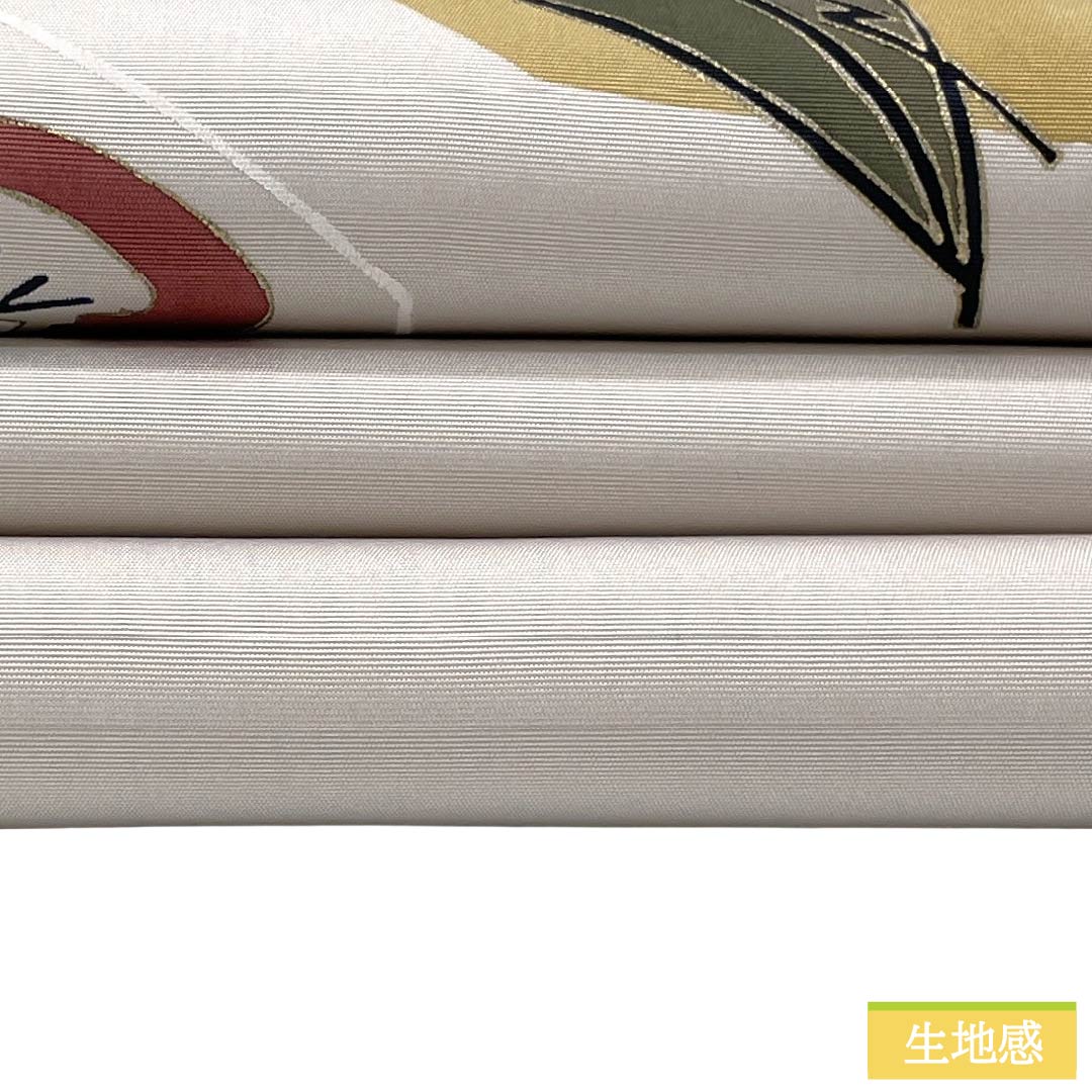 名古屋帯 正絹 Sランク 開き仕立て 白土色（しらつちいろ） 染め帯 塩瀬 草花柄 帯丈368cm ポイント柄 セミフォーマル 白系 1124012082311