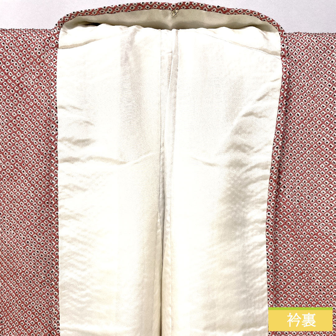 小紋 正絹 身丈155cm 裄丈63cm 袷 積紅色（せきこういろ） 総絞り 疋田絞り Aランク 紫系 1115004643320