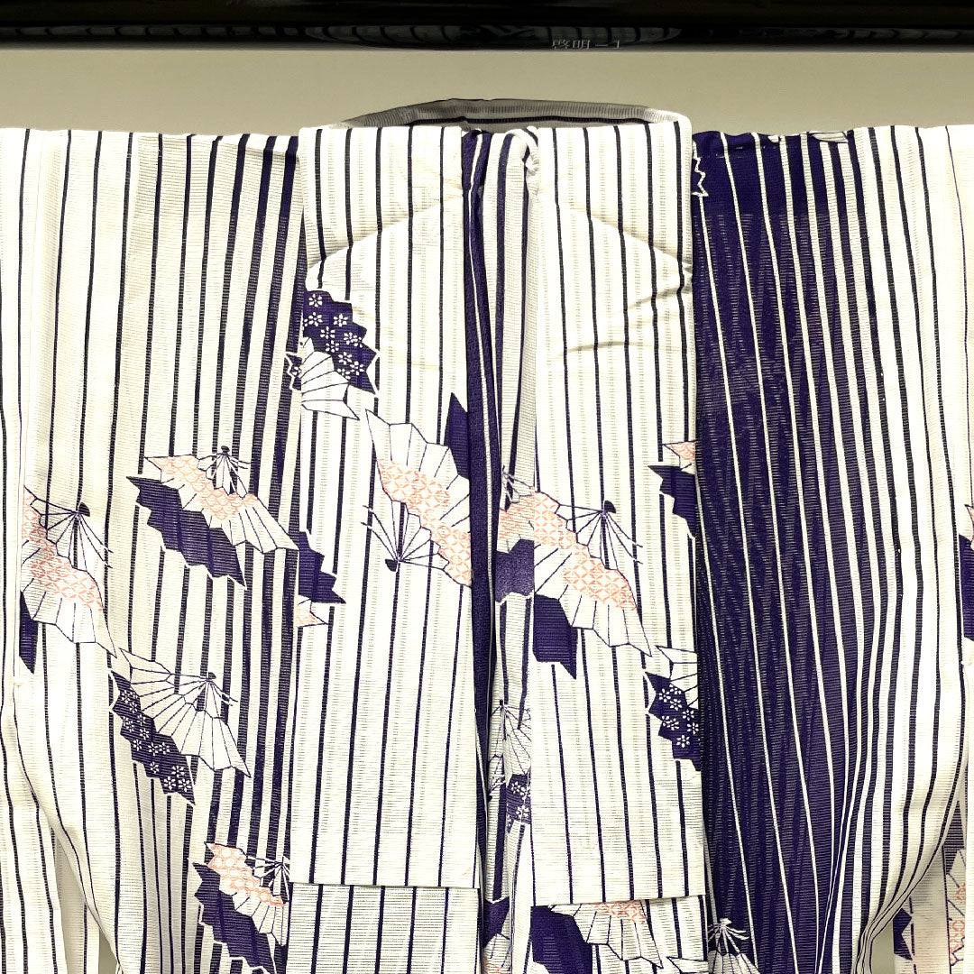 Summer kimono, polyester, small pattern, length 162.5cm, sleeve length 62cm, washable kimono, fan, stripes, silk, S rank, gradation style, 1132000712499