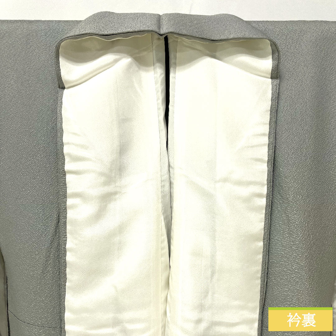 訪問着 正絹 袷 身丈156cm 裄丈62.5cm 灰色（はいいろ） 汕頭刺繡 一つ紋 片喰 雪輪 椿 Sランク グレー系 1112005022322