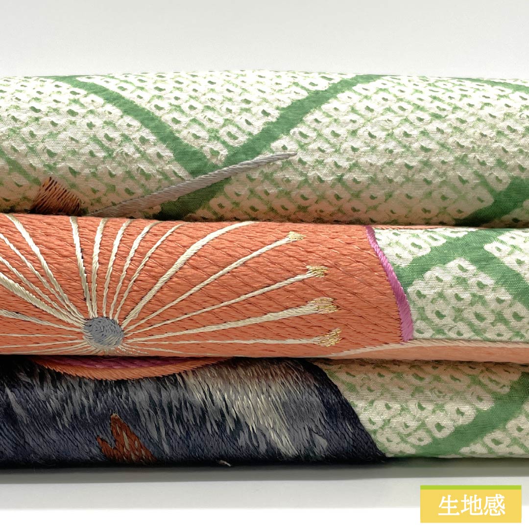 （丸帯）袋帯 正絹 琅玕色（ろうかんいろ） 絞り ビンテージ 刺繍 笹 帯丈404cm Bランク ポイント柄 セミフォーマル 緑系 1123014604319