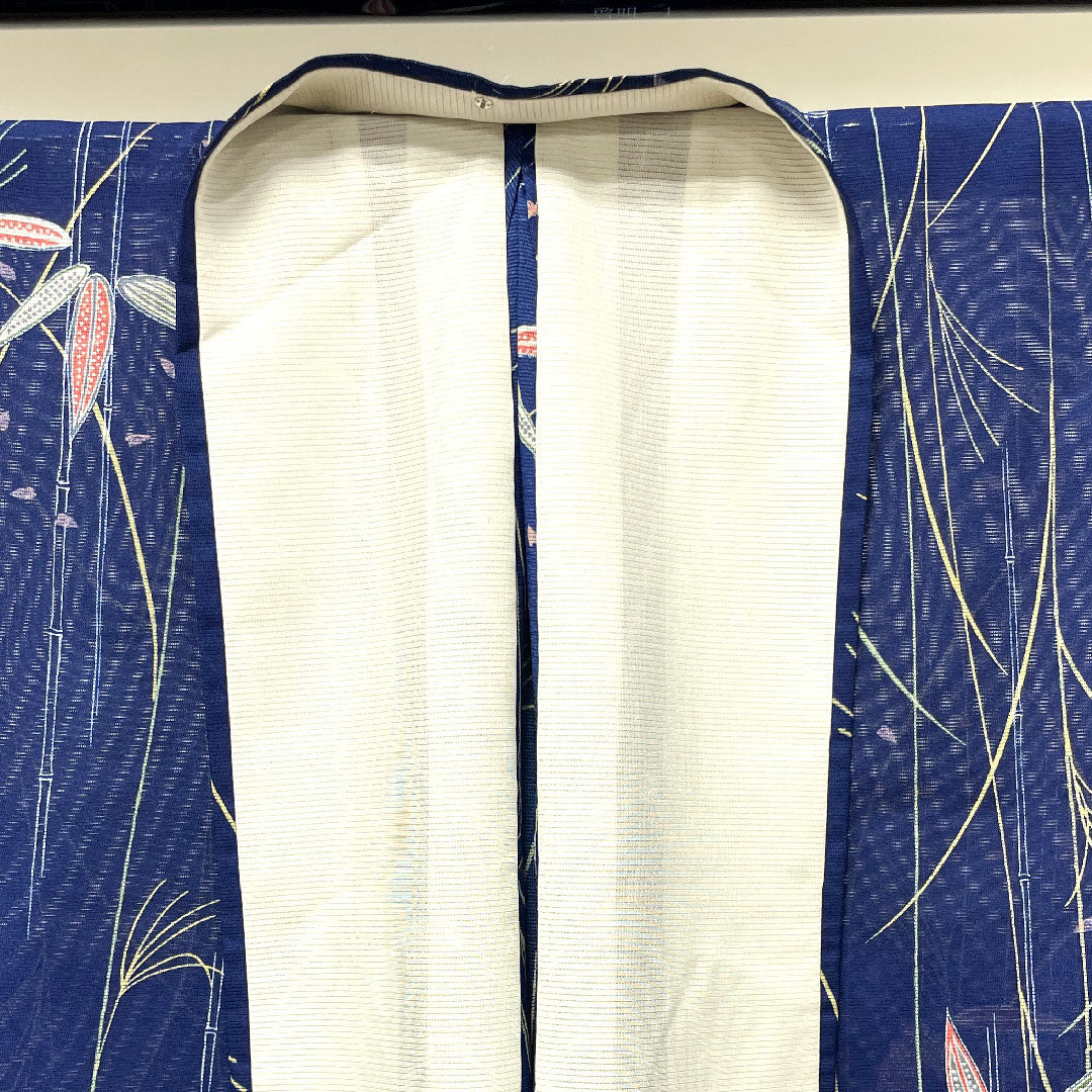 夏物 ポリエステル 小紋 身丈160cm 裄丈67cm 紺桔梗色（こんききょういろ） 竹 洗える着物  絽 Sランク 紺系 1132001442418