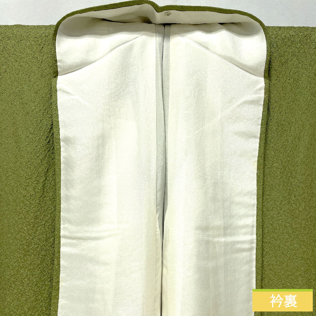 色無地 正絹 身丈157cm 裄丈64cm 柳茶色（やなぎちゃいろ） 一つ紋 蔦 袷 Sランク 緑系 1114001592319