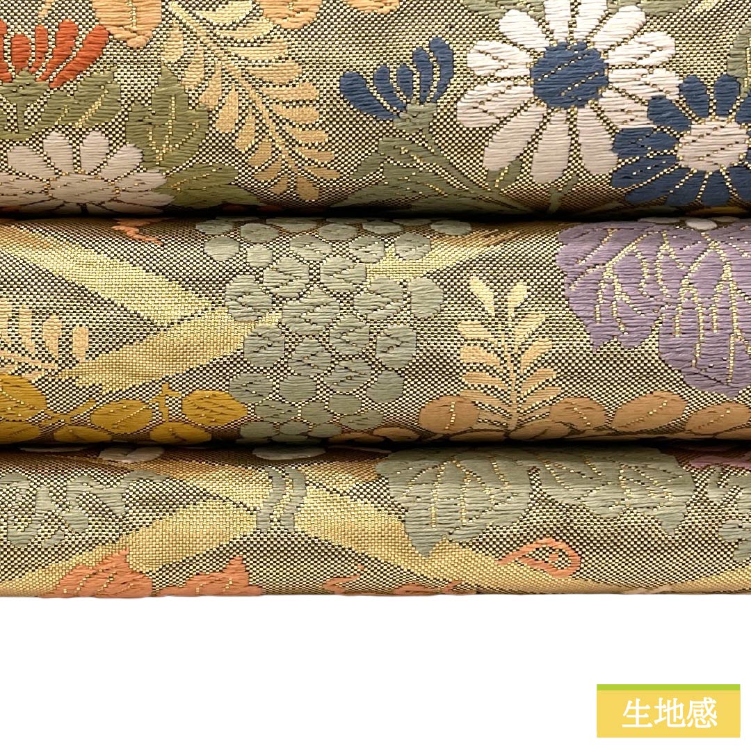 袋帯 正絹 Sランク 西陣織 竹垣 草花 帯丈428cm 六通 フォーマル 金系 1123017592321