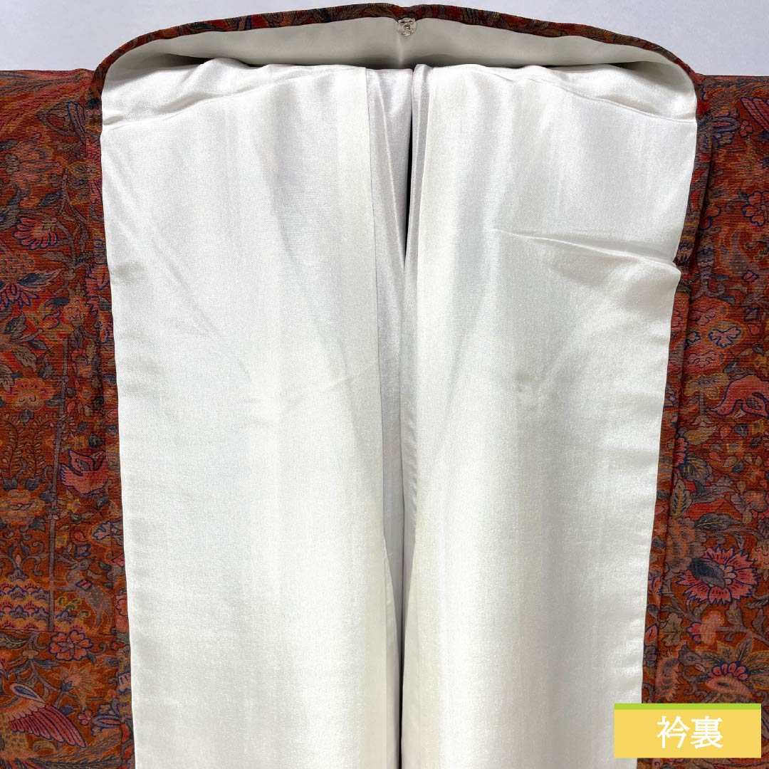 Komon, pure silk, length 159.5cm, sleeve length 64cm, lined, scarlet brown, stencil dyeing, chintz pattern, with basting thread, S rank, brown, 1115005012314