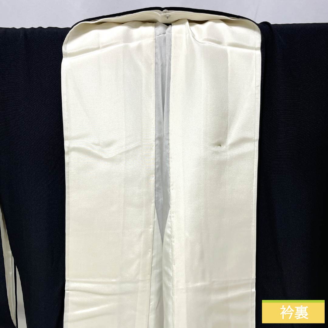 Black Tomesode (Japanese Kimono) - Pure Silk, Grade A, Length 167cm, Sleeve Length 67.5cm, Lined, Kyoto Yuzen, Five Crests, Chūin Gosan Paulownia, Crane, Pine, Hagi, Wave, Five Crests, Black, 1111002053510