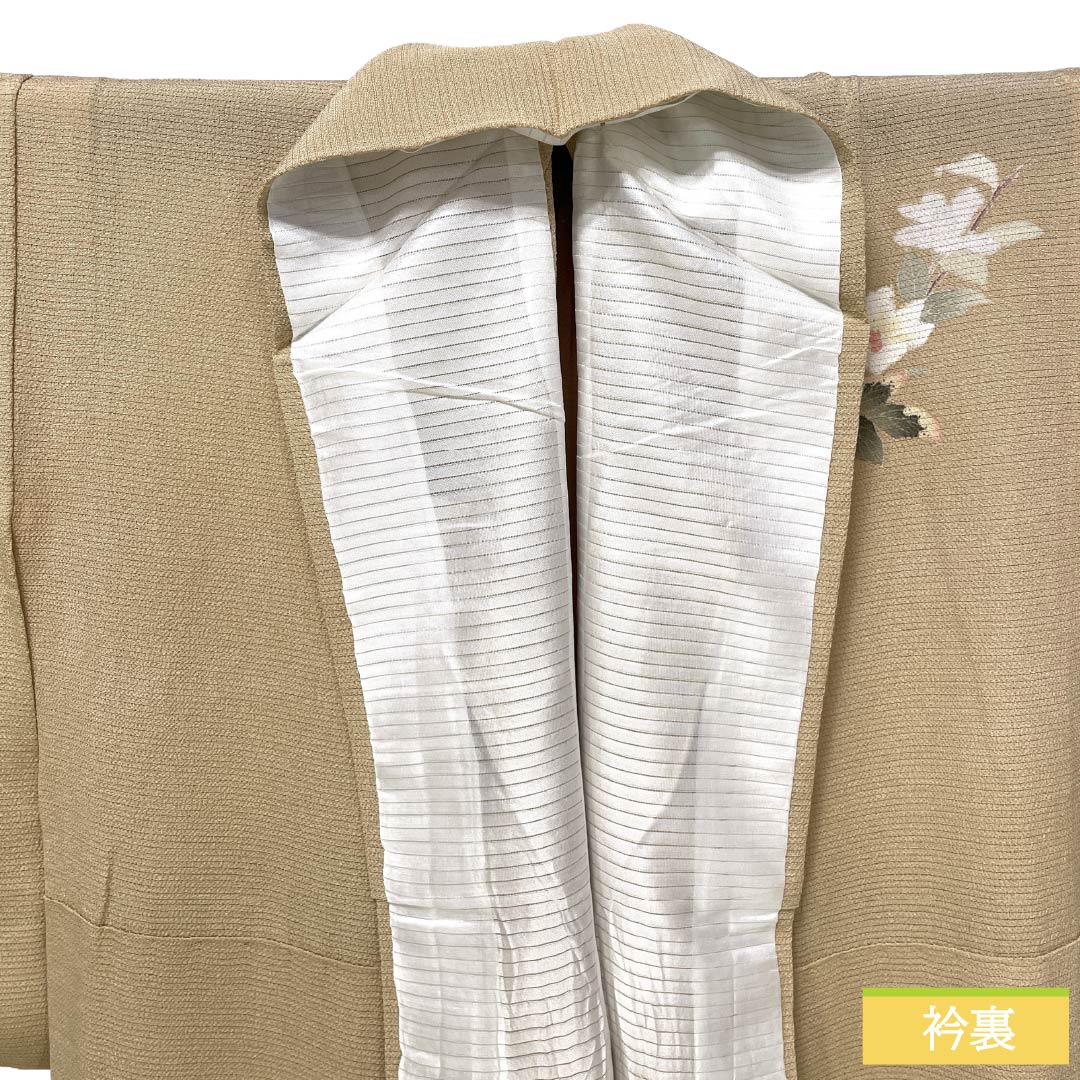 夏物 正絹 付下げ Sランク 身丈150.5cm 裄丈62cm 丁子色（ちょうじいろ） 南克治 加賀友禅 一つ紋 絽 ベージュ系 1132005062125