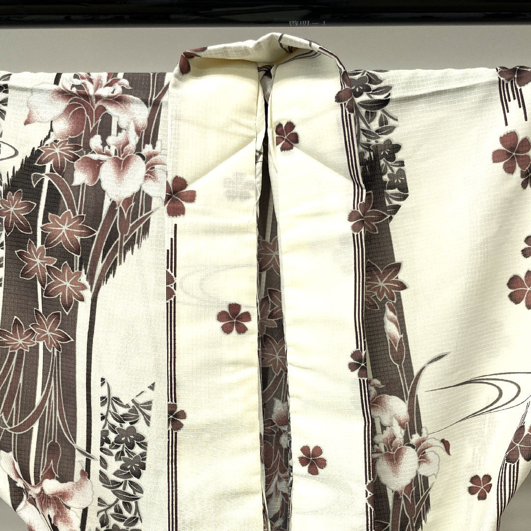 Yukata, cherry blossom, iris, autumn leaves, cotton, A rank, single layer, length 161cm, sleeve length 66.5cm, white, 1118003203411