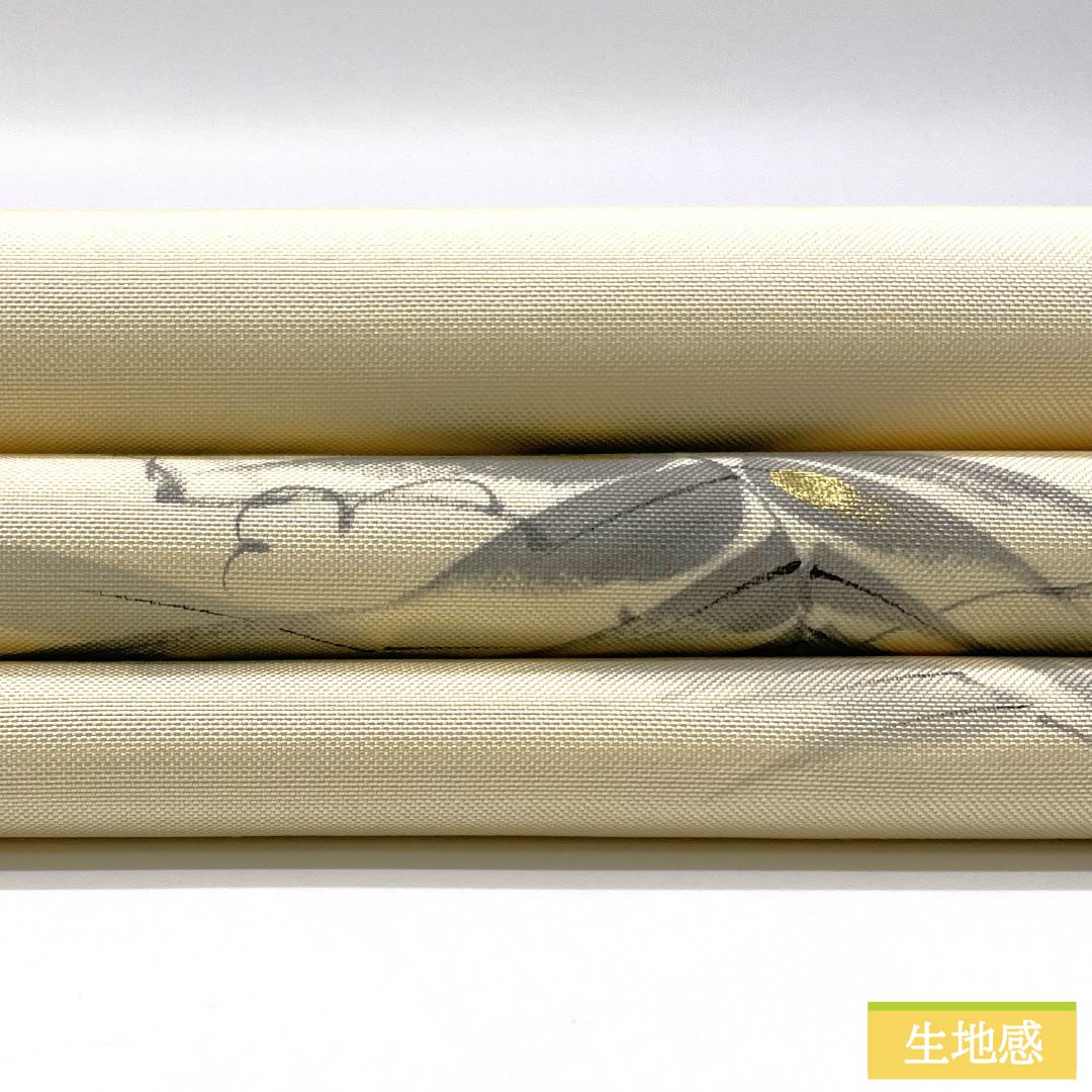 袋帯 正絹 薄卵色（うすたまごいろ） 染め帯 作家物 草花模様 帯丈424cm Sランク ポイント柄 セミフォーマル クリーム系 1123014882315