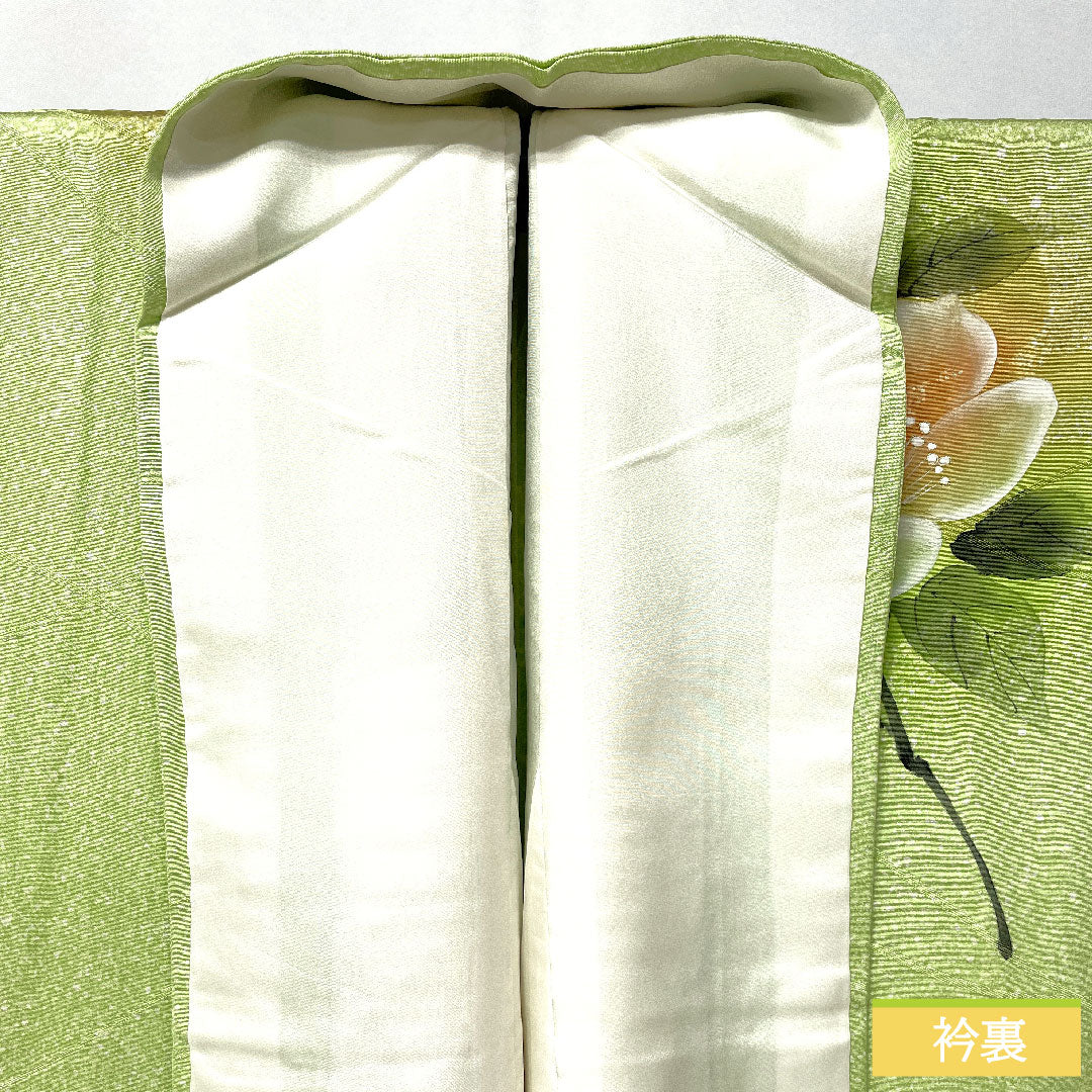 Homongi, pure silk, lined, length 158.5cm, sleeve length 62.5cm, yellowish green, floral pattern, wet-dyed yuzen, A rank, green, 1112005763319