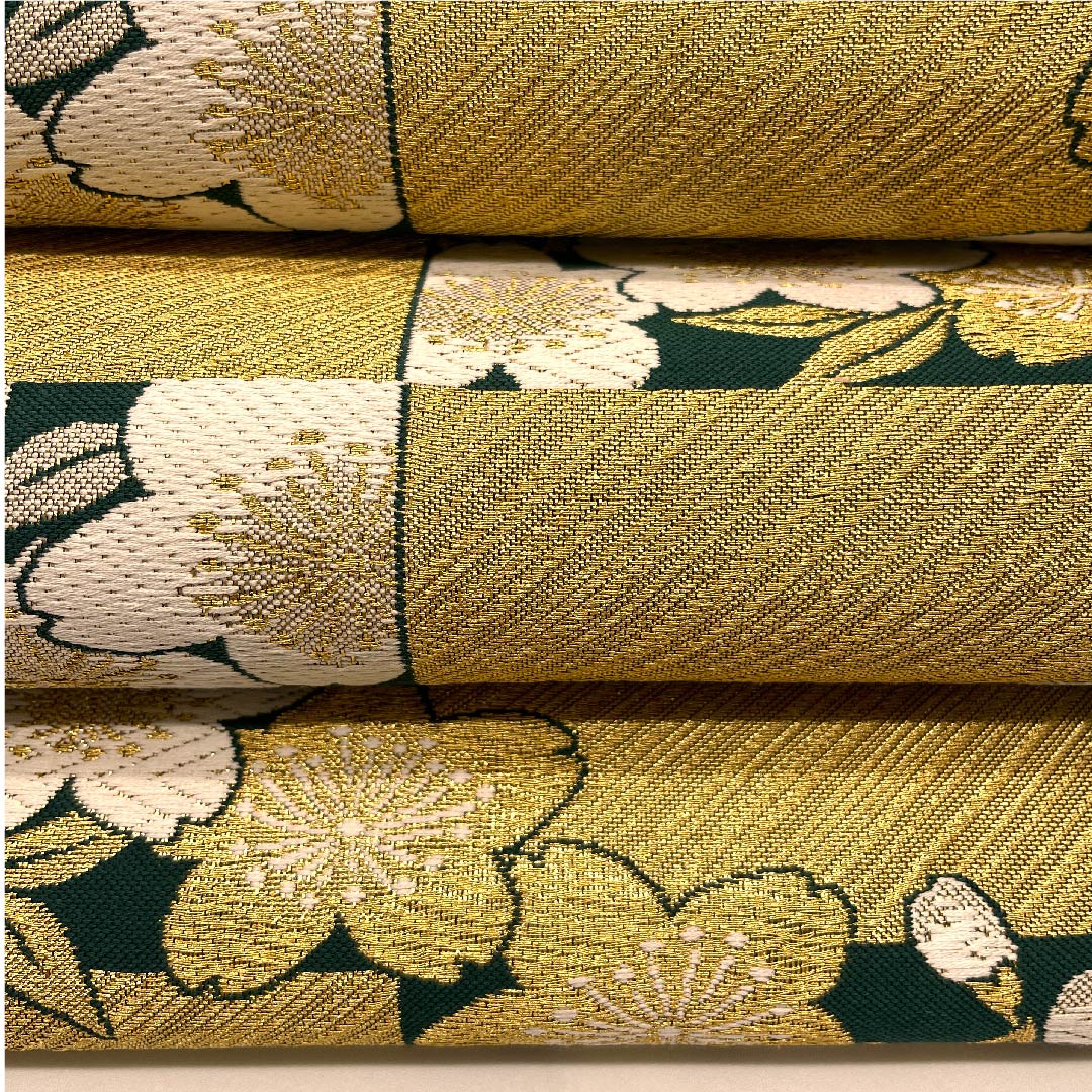 袋帯 琉璃色（リューリースーいろ 桜 市松 帯丈456cm 正絹 Aランク 六通 フォーマル 金系 1123007153421